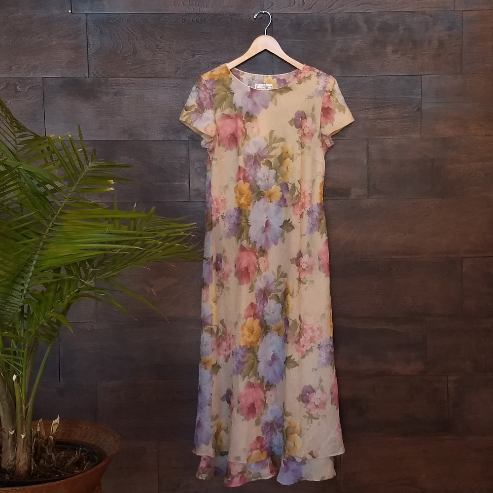 Vintage 90s Crushed Voile Floral Maxi Dress